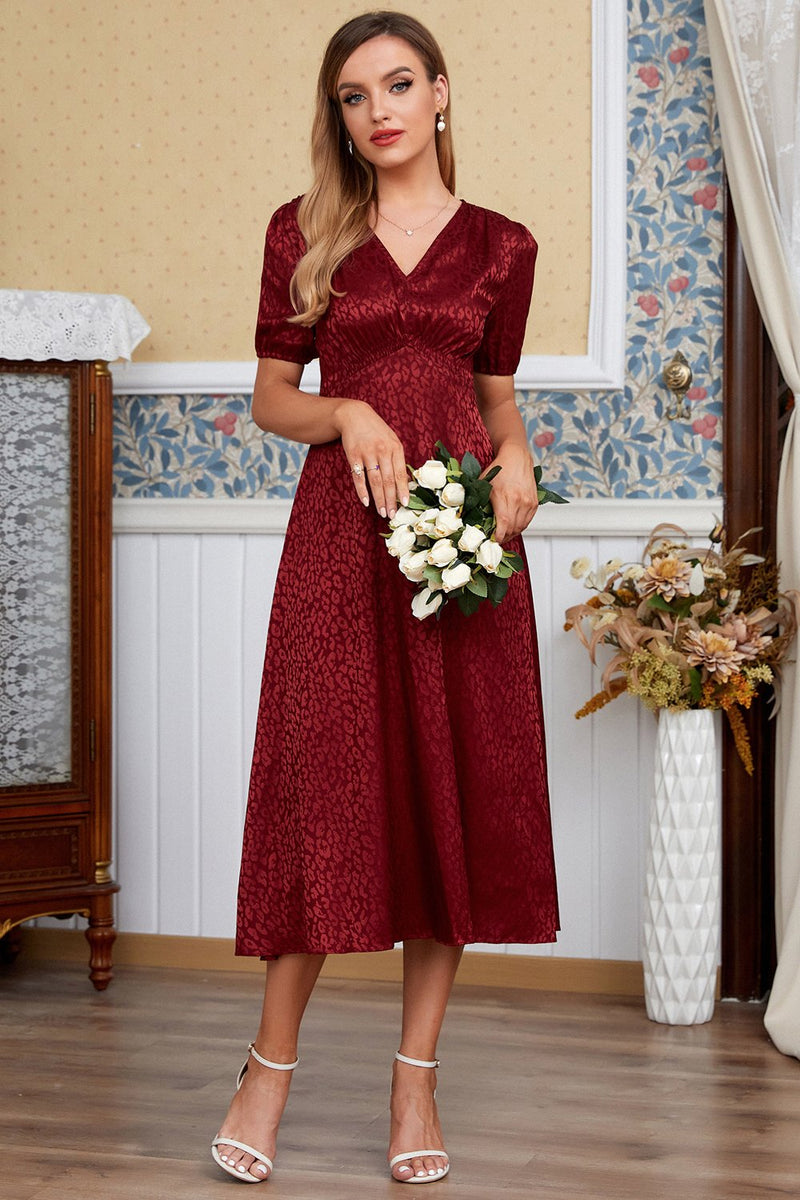 Load image into Gallery viewer, Burgundy/Ivory V Neck Wedding Guest Dress