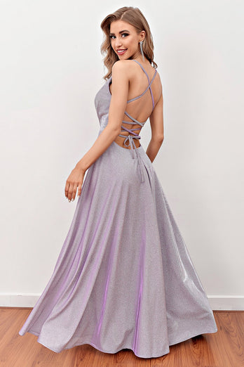 Lilac Deep V Neck Long Formal Dress with Cross Straps