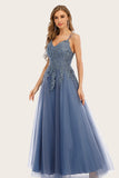 Dusty Blue Long Prom Dress with Lace