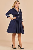 Navy Blue Vintage Plus Size Wrap Dress