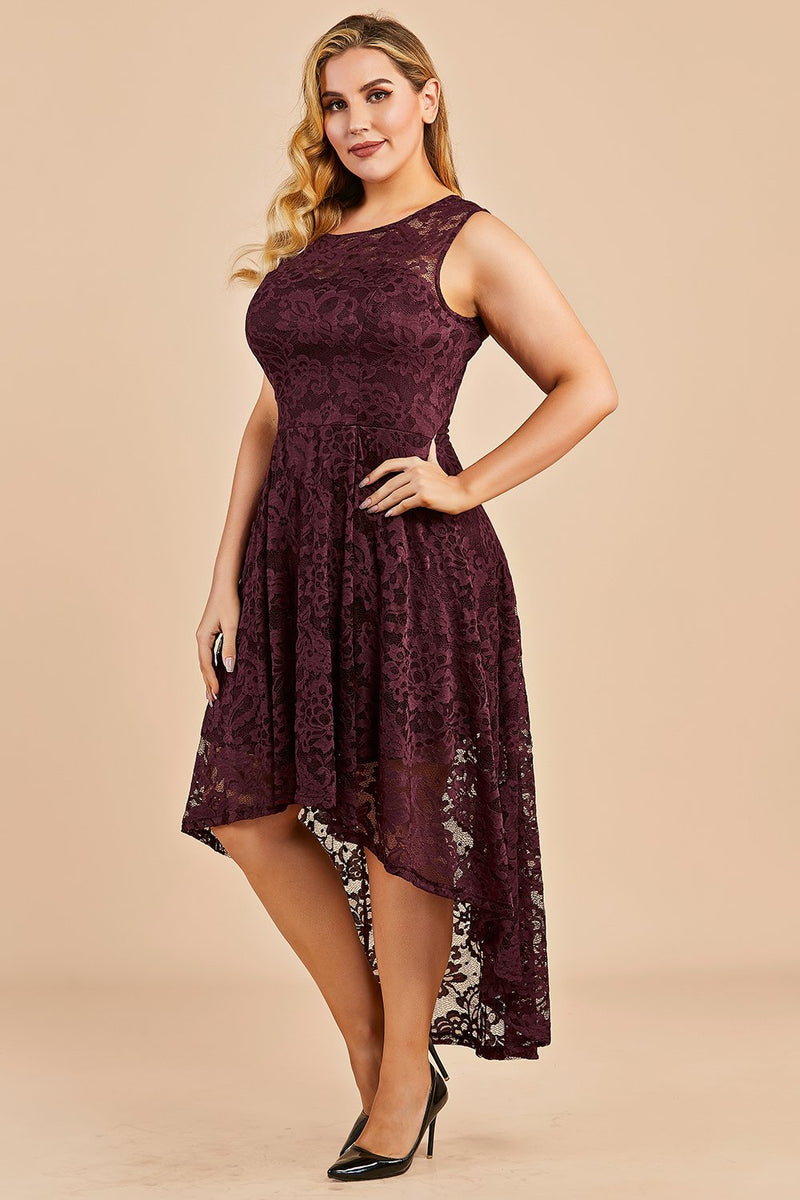 Load image into Gallery viewer, Dark Red Plus Size Asymmetry Lace Party Dress