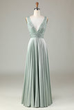 A Line V-Neck Matcha Long Bridesmaid Dress with Beading