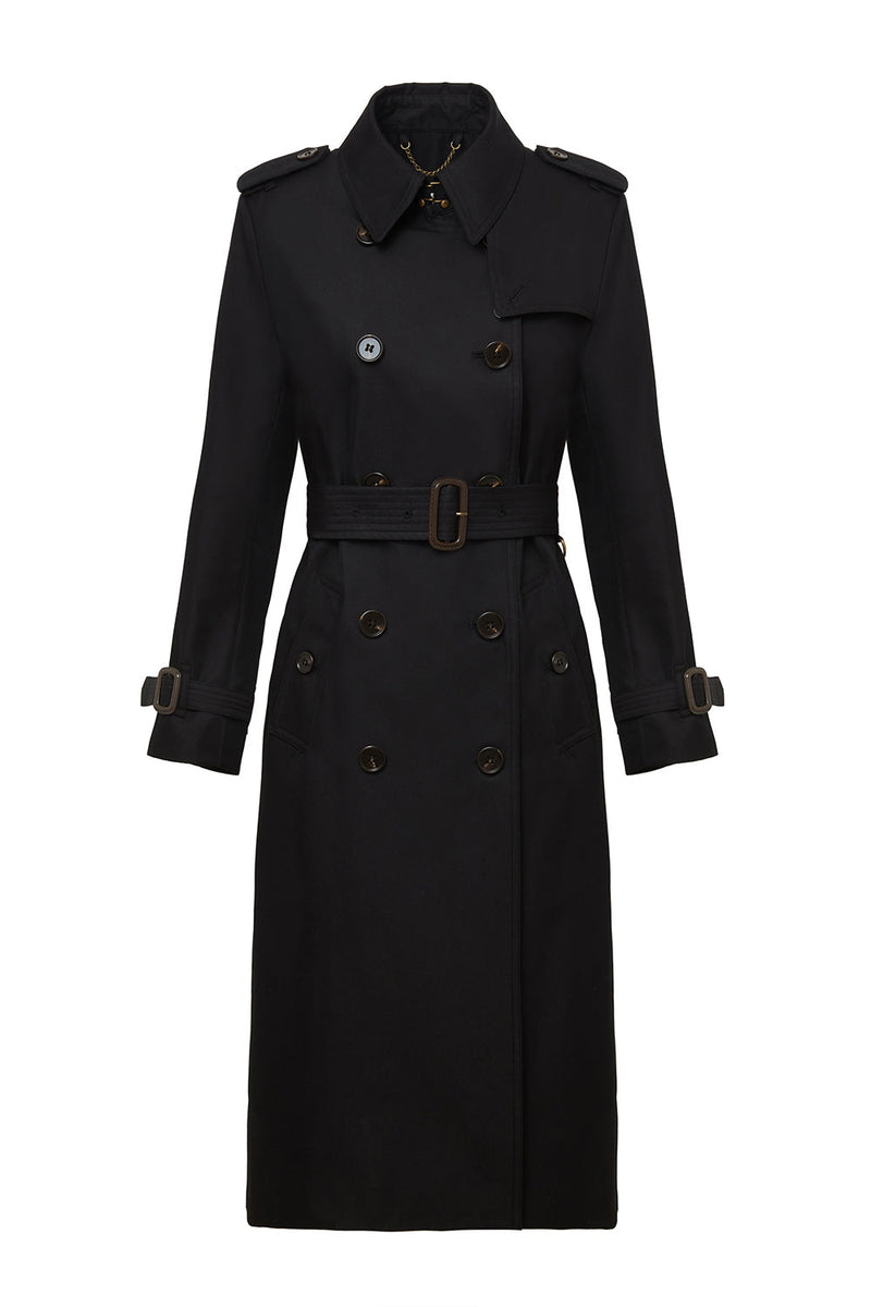 Load image into Gallery viewer, Black Double Breasted Notched Lapel Fitted Long Trench Coat with Belt