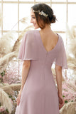 Blush Batwing Sleeves Chiffon Bridesmaid Dress