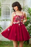 Burgundy A Line Spaghetti Straps Short Formal Dress With 3D Flowers