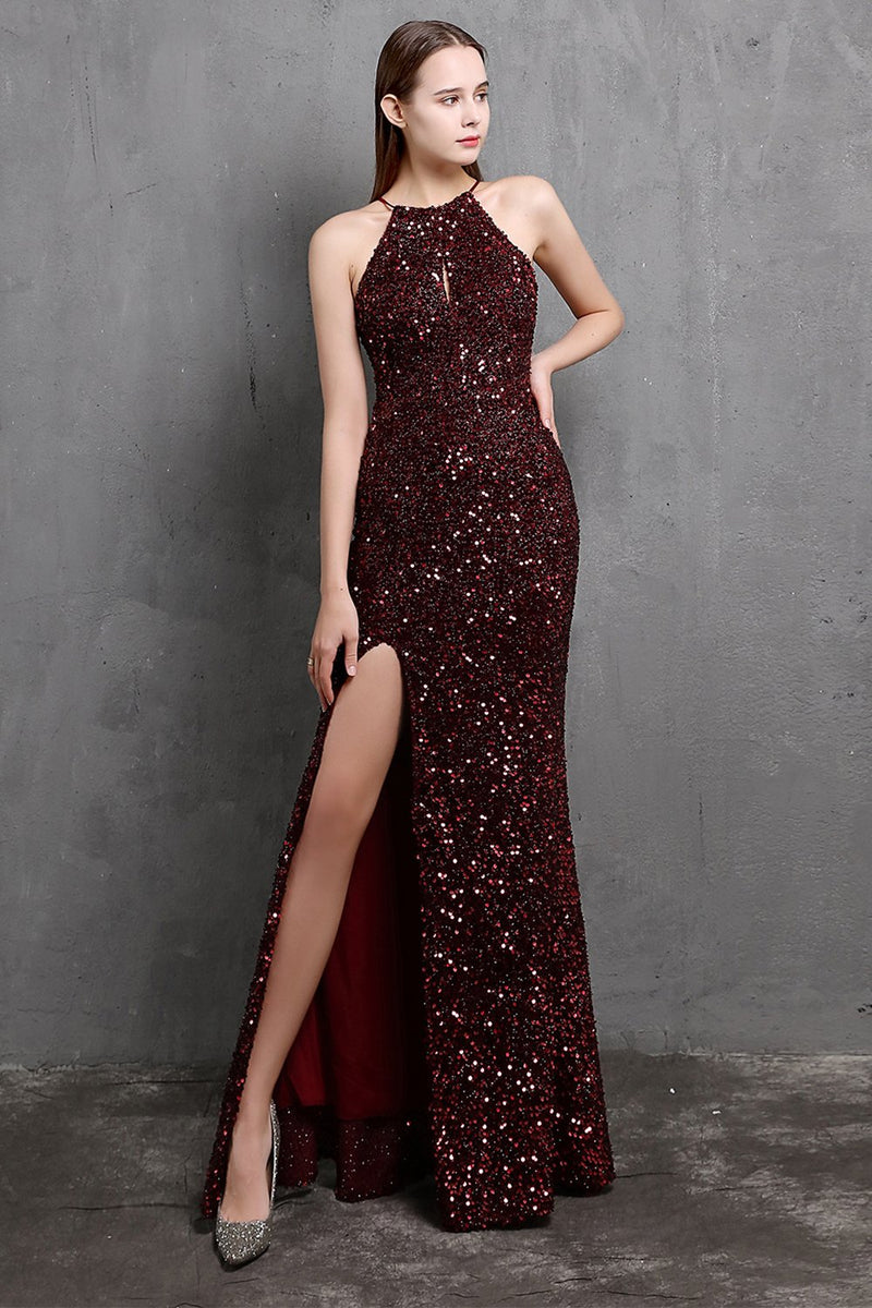 Load image into Gallery viewer, Burgundy Sequin Long Formal Dress with Slit