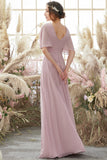 Blush Batwing Sleeves Chiffon Bridesmaid Dress