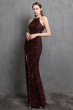 Burgundy Sequin Long Formal Dress with Slit