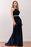 Navy Mermaid Velvet Long Formal Dress