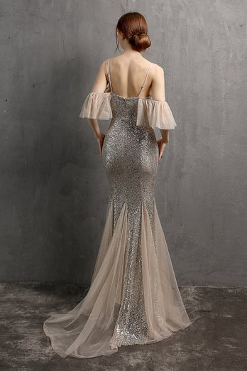 Champagne Sequin Long Formal Dress with Ruffles