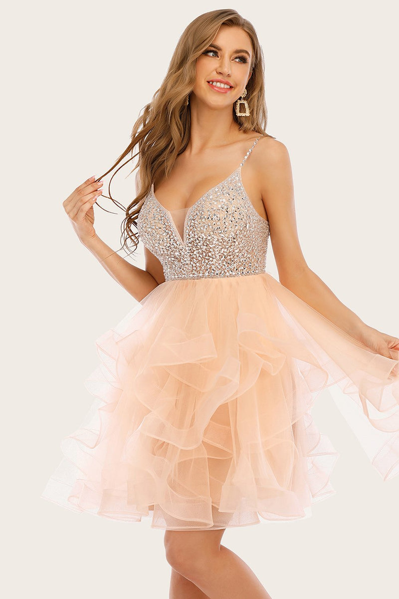 Load image into Gallery viewer, Pink Beaded Short Graduation Dress