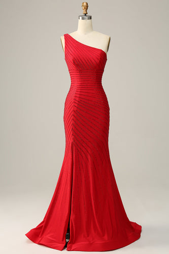 Mermaid One Shoulder Red Long Formal Dress with Beading