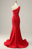 Mermaid One Shoulder Red Long Formal Dress with Beading