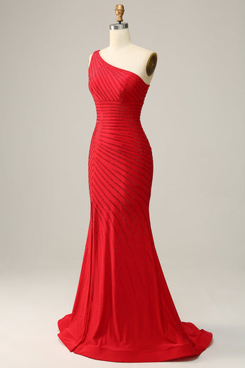 Mermaid One Shoulder Red Long Formal Dress with Beading