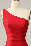 Mermaid One Shoulder Red Long Formal Dress with Beading