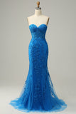 Mermaid Sweetheart Royal Blue Long Formal Dress with Criss Cross Back