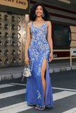 Trendy Mermaid V Neck Light Blue Long Formal Dress with Appliques Slit