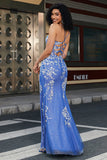 Trendy Mermaid V Neck Light Blue Long Formal Dress with Appliques Slit