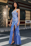 Trendy Mermaid V Neck Light Blue Long Formal Dress with Appliques Slit