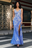 Trendy Mermaid V Neck Light Blue Long Formal Dress with Appliques Slit