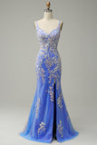 Mermaid V Neck Light Blue Long Formal Dress with Appliques Beading