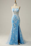 Mermaid Spaghetti Straps Blue Long Formal Dress with Appliques