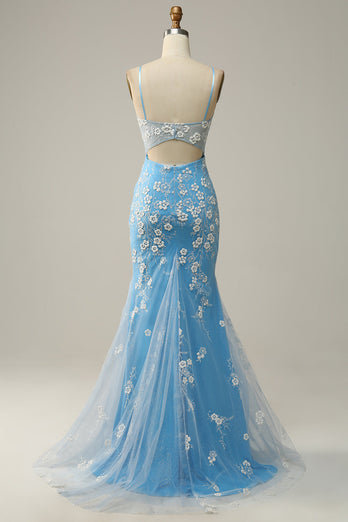Mermaid Spaghetti Straps Blue Long Formal Dress with Appliques