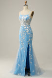 Mermaid Spaghetti Straps Blue Long Formal Dress with Appliques