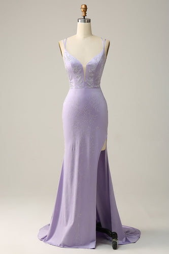 Mermaid Spaghetti Straps Lilac Long Formal Dress with Split Front