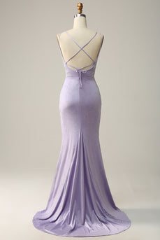 Mermaid Spaghetti Straps Lilac Long Formal Dress with Split Front