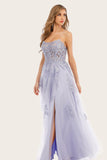 Lavender Tulle Long Prom Dress with Lace