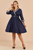 Navy Blue Vintage Plus Size Wrap Dress