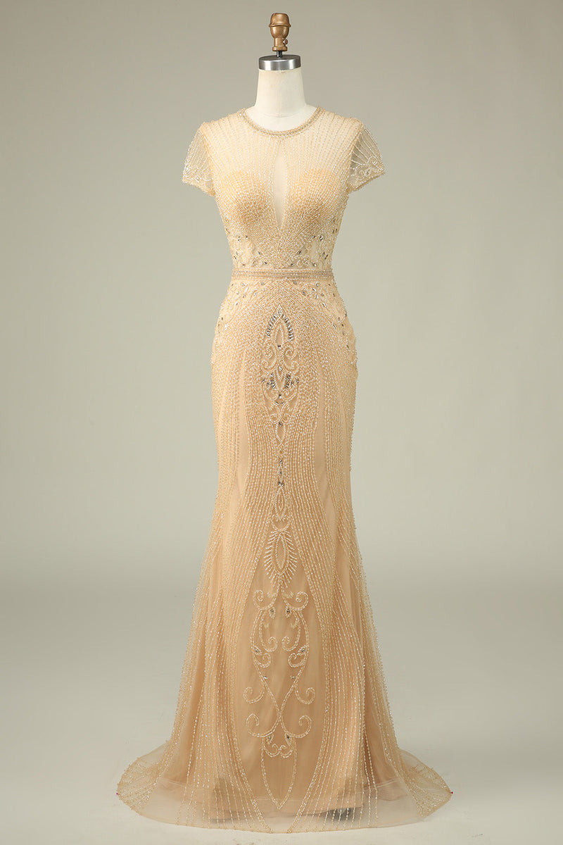 Load image into Gallery viewer, Luxurious Mermaid Jewel Neck Champagne Formal Dress with Beading