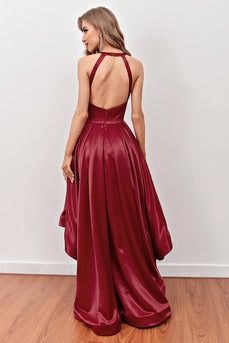 Burgundy High Low Formal Dress with Pockets