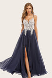 Dusty Blue Long Chiffon Prom Dress with Lace