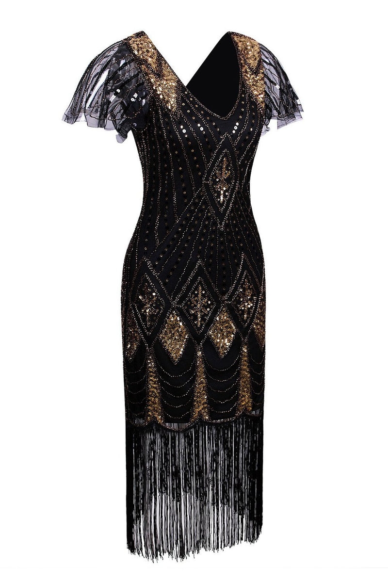 Load image into Gallery viewer, Black and Gold Flapper 1920s Sequins Dress