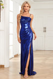 Mermaid Spaghetti Straps Navy Long Formal Dress with Split Front