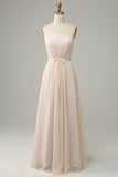 One Shoulder Sleeveless Champagne Long Bridesmaid Dress