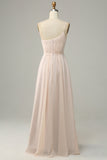 One Shoulder Sleeveless Champagne Long Bridesmaid Dress