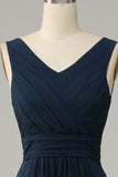 Navy V Neck Sleeveless A Line Long Bridesmaid Dress