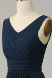 Navy V Neck Sleeveless A Line Long Bridesmaid Dress