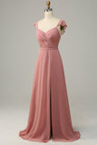 Dusty Rose A Line Ruffles Long Bridesmaid Dress With Slit