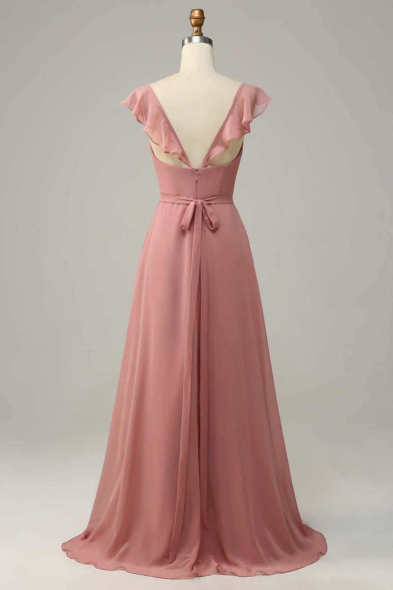 Load image into Gallery viewer, Dusty Rose A Line Ruffles Long Bridesmaid Dress With Slit