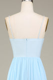 Sky Blue A-Line Spaghetti Straps Chiffon Long Bridesmaid Dress With Beading