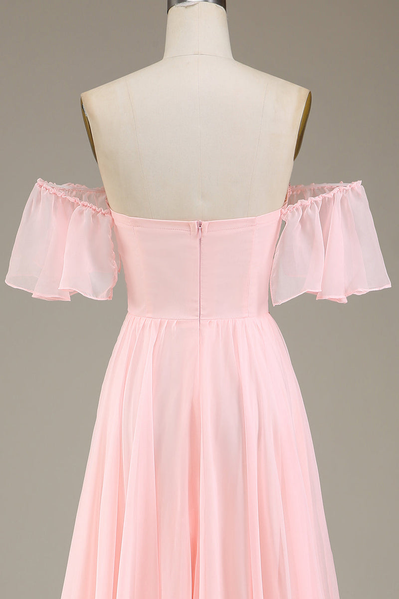 Load image into Gallery viewer, Blush Pink A-Line Off the Shoulder Chiffon Long Bridesmaid Dress