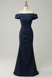 Navy Off The Shoulder Sparkly Sheath Long Bridesmaid Dress