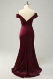 Burgundy Off The Shoulder Sheath Long Bridesmaid Dress