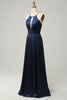Load image into Gallery viewer, Navy Halter Satin Open Back Long Bridesmaid Dress