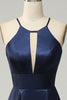 Load image into Gallery viewer, Navy Halter Satin Open Back Long Bridesmaid Dress