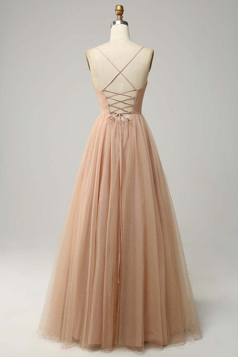 Load image into Gallery viewer, Champagne A Line Spaghetti Straps Bridesmaid Dress